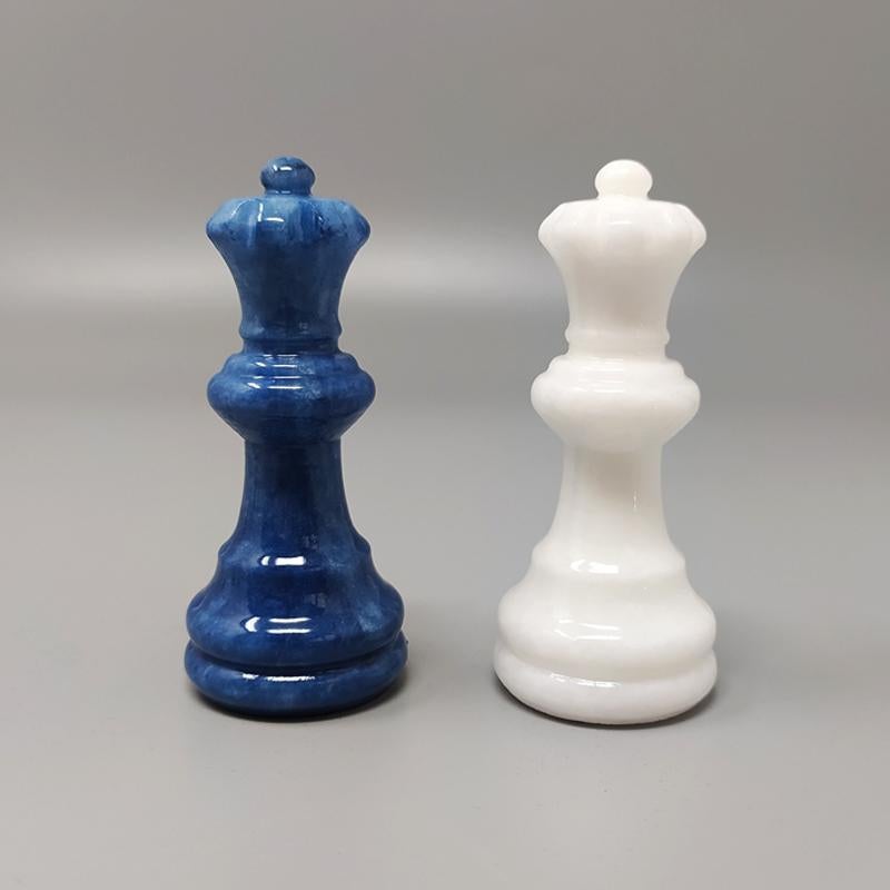 1970s White and Blue Chess Set in Volterra Alabaster Handmade 3