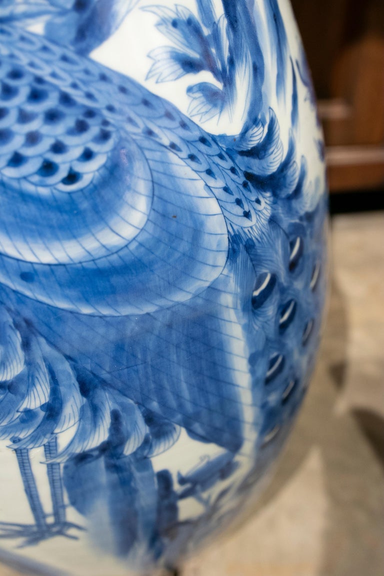 1970s White and Blue Porcelain Floor Vase For Sale at 1stDibs