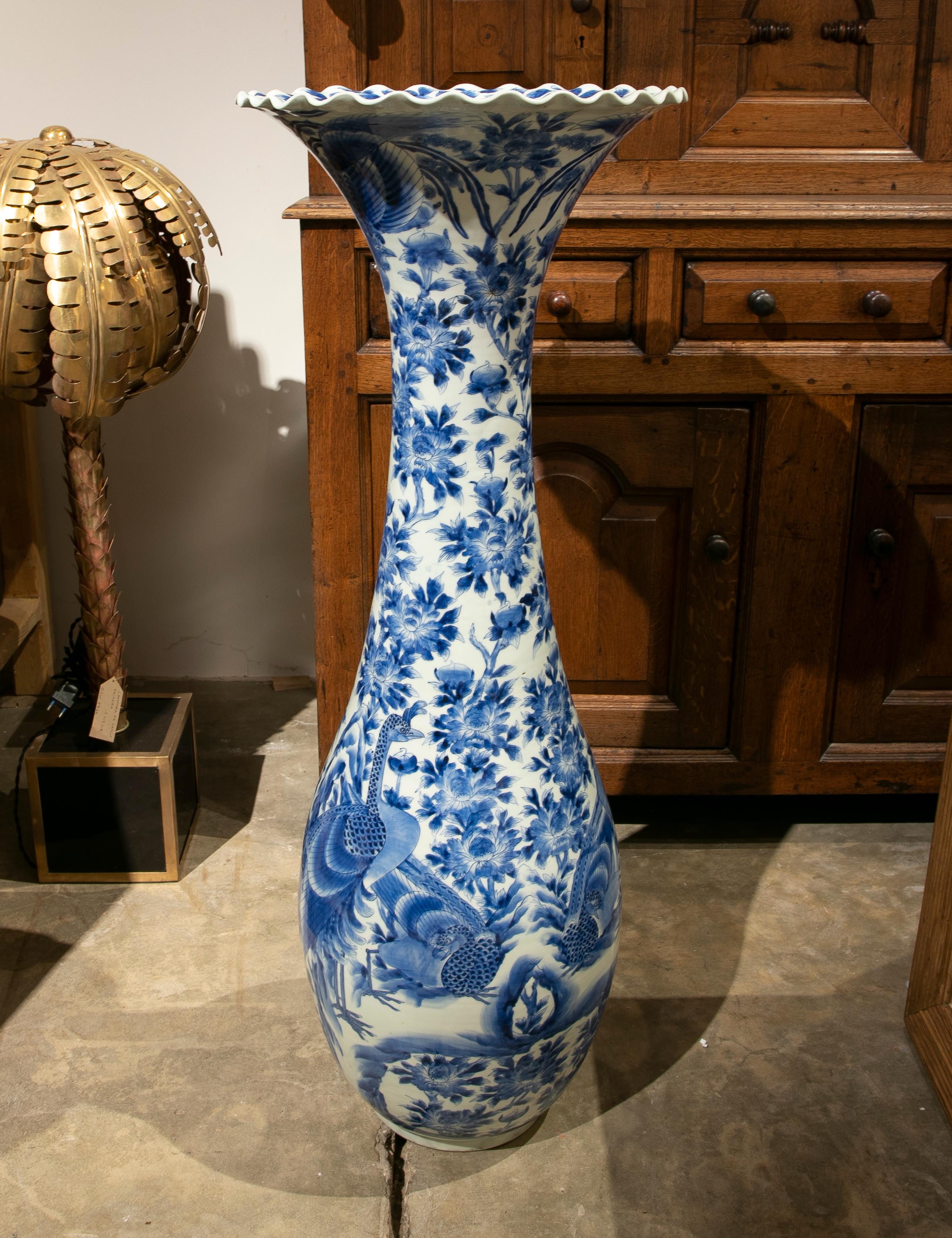 1970s white and blue porcelain floor vase.