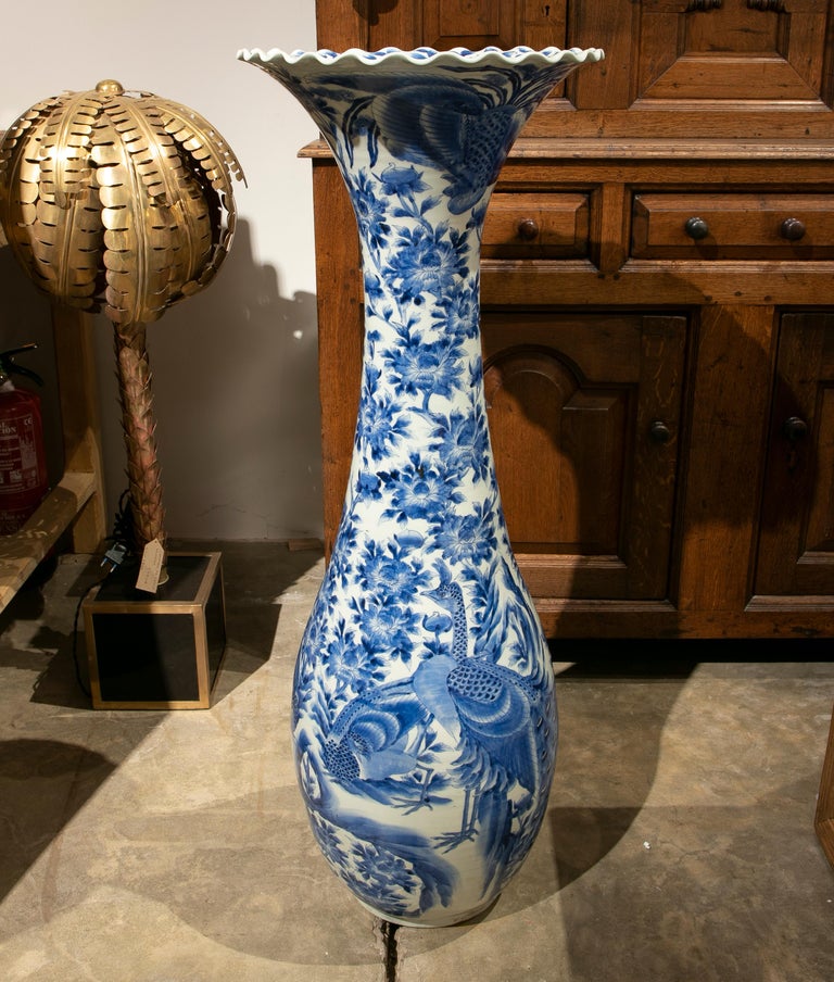 1970s White and Blue Porcelain Floor Vase For Sale at 1stDibs