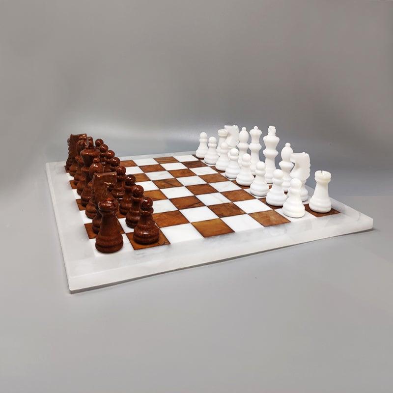 Mid-Century Modern 1970s White and Brown Chess Set in Volterra Alabaster Handmade. Made in Italy For Sale