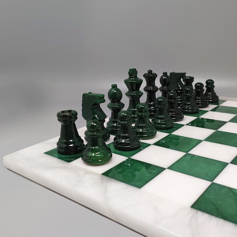 Italian 1970s White and Green Chess Set in Volterra Alabaster Handmade. Made in Italy For Sale