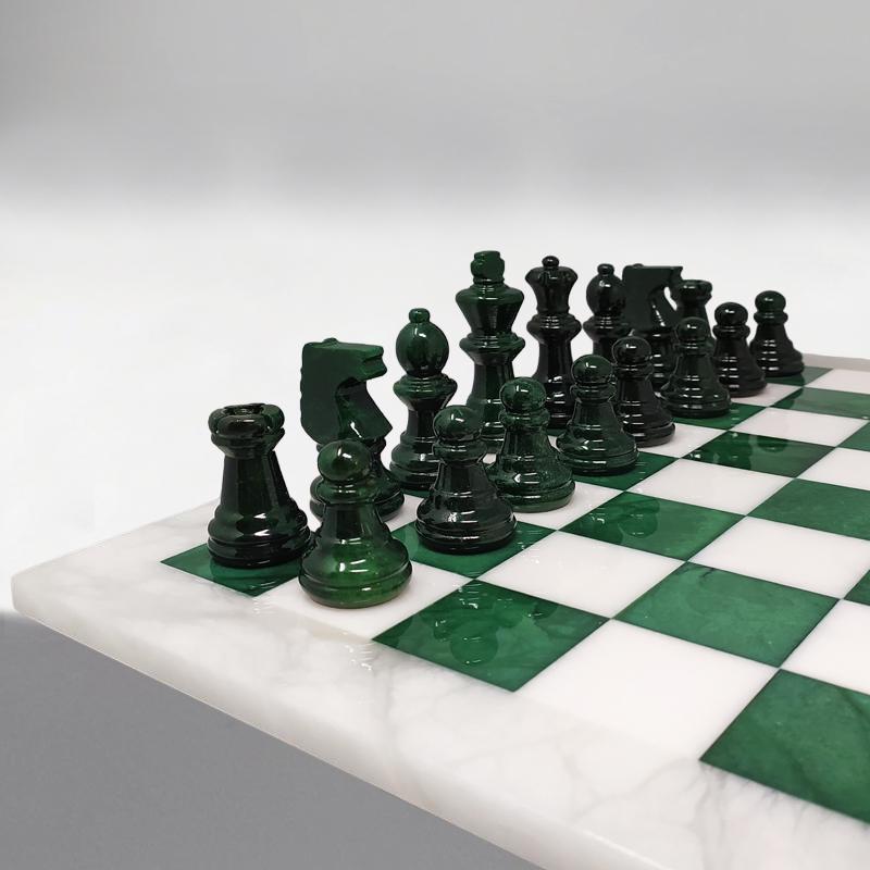 Italian 1970s White and Green Chess Set in Volterra Alabaster Handmade. Made in Italy