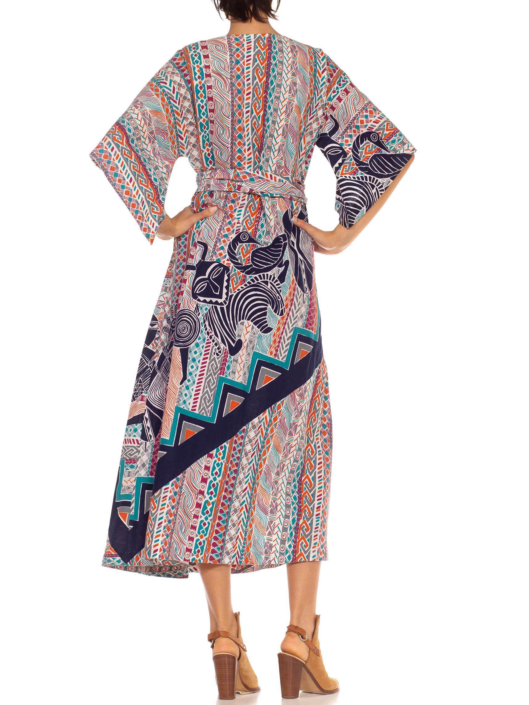 Women's or Men's 1970S White Blue & Orange Cotton Mixed Geometric Print Kaftan