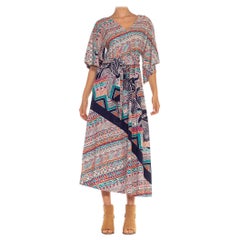 1970S White Blue & Orange Cotton Mixed Geometric Print Kaftan