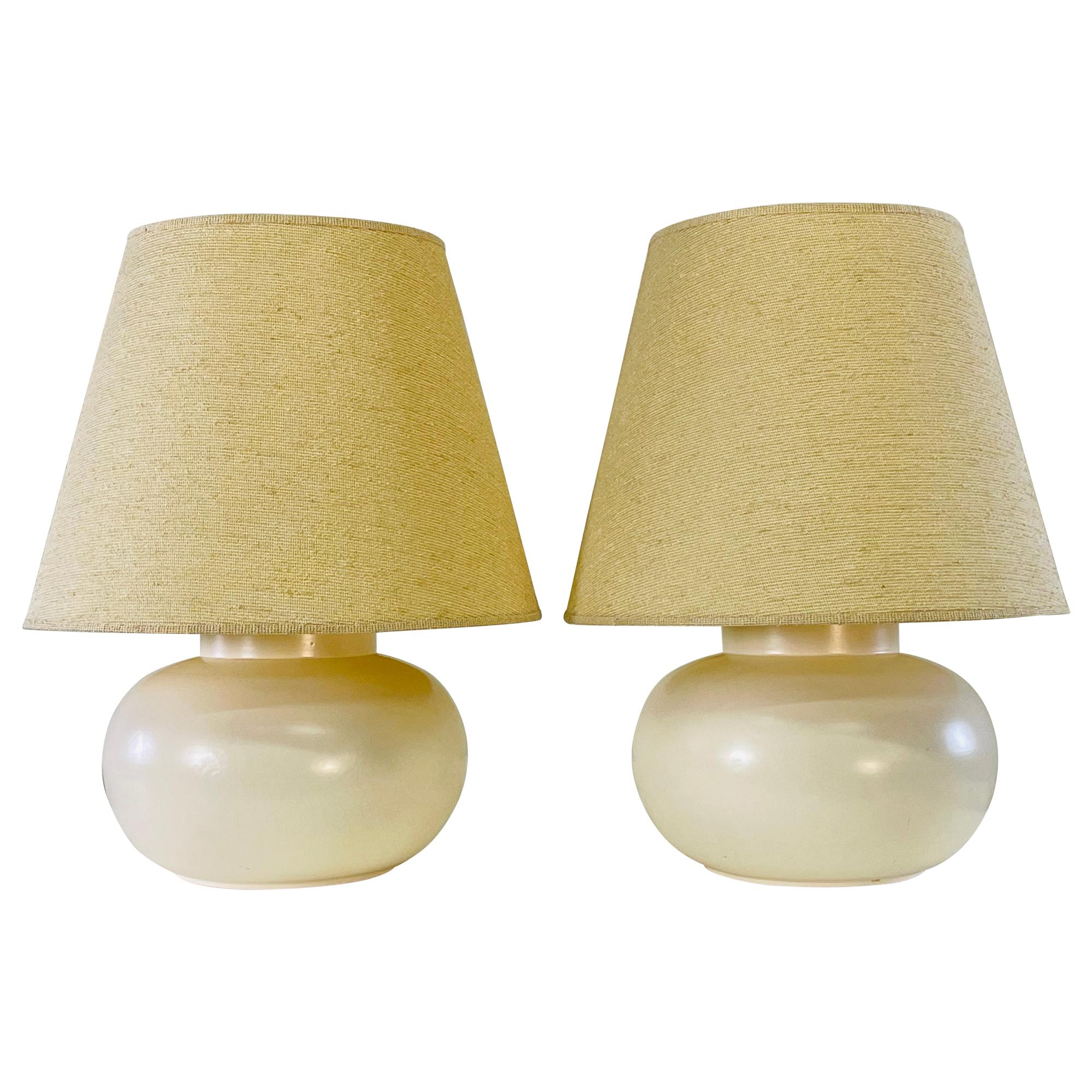 1970s White Bulbous Table Lamps with Shades, Pair For Sale