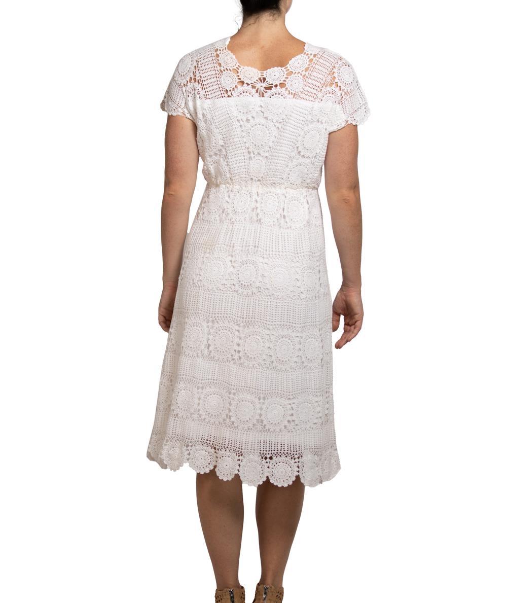 1970S White Cotton Crochet Lace Elastic Waist Dress For Sale 1