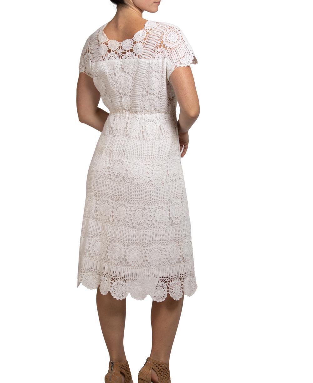 1970S White Cotton Crochet Lace Elastic Waist Dress For Sale 4