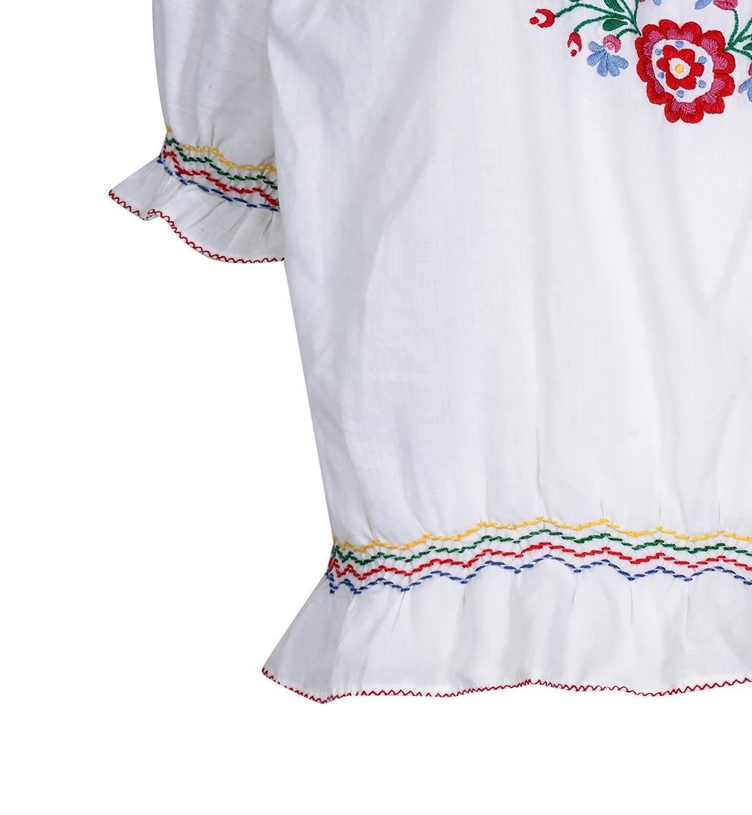 Gray 1970s White Cotton Embroidered Hungarian Blouse