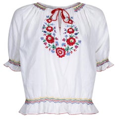 1970s White Cotton Embroidered Hungarian Blouse