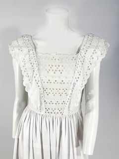 1970s White Cotton Eyelet Cottage Dress