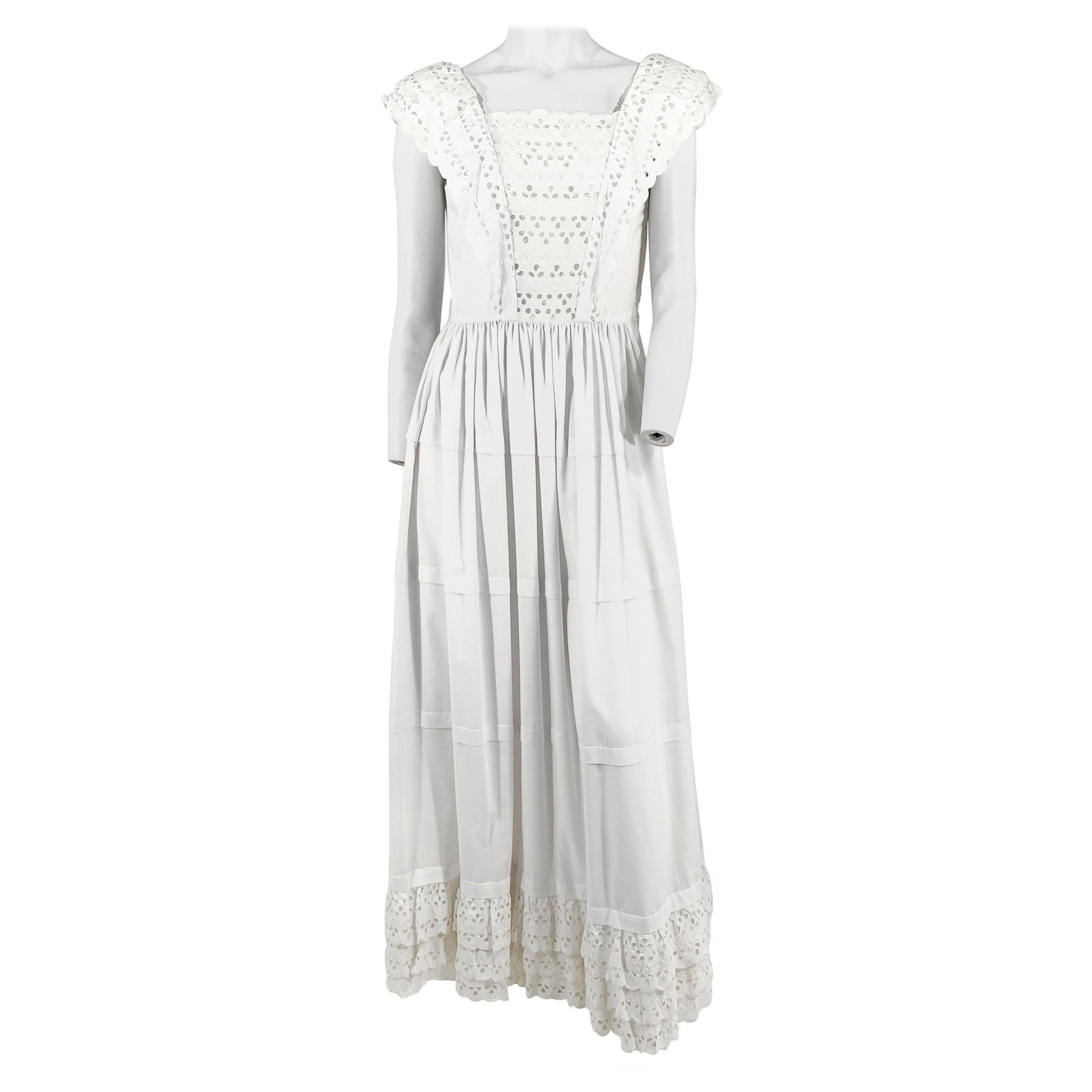 1970s White Cotton Eyelet Cottage Dress