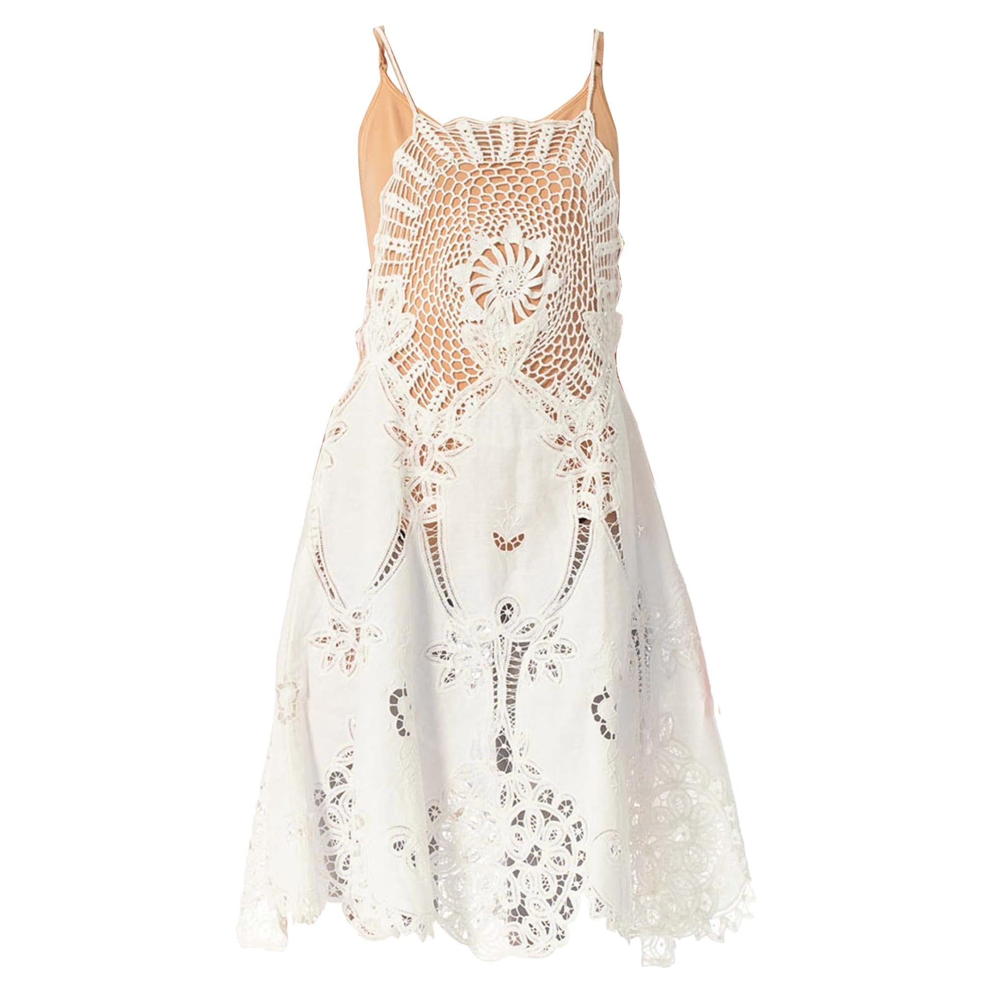 1970S White Cotton Lace Crochet Top Dress