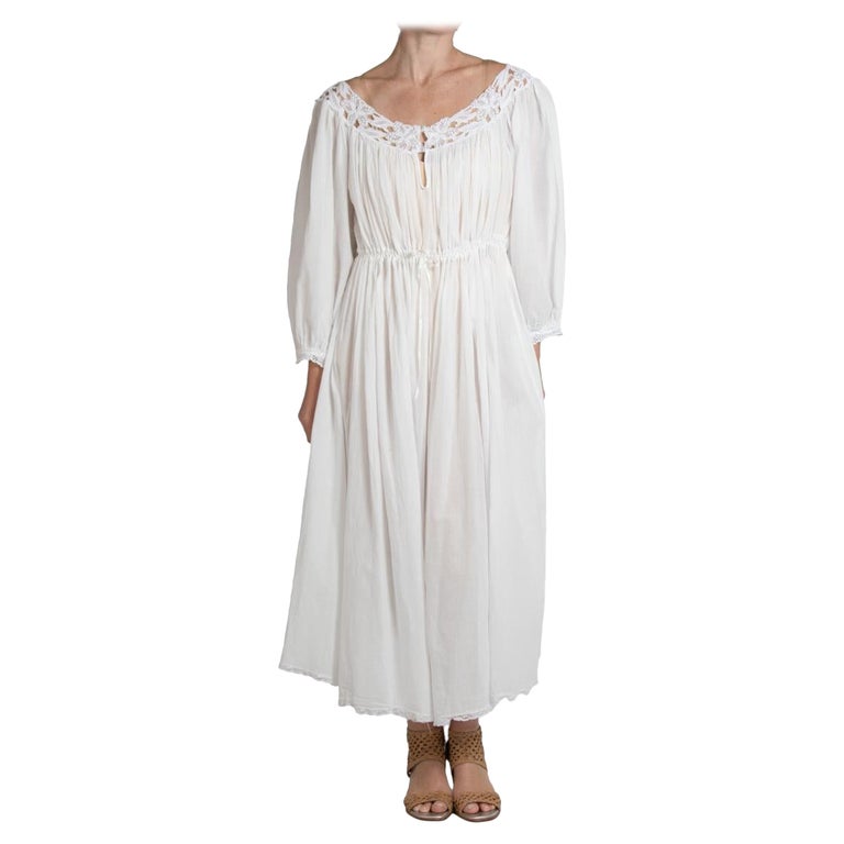 1970s White Cotton Lace Victorian Style Dress With Drawstring Waist