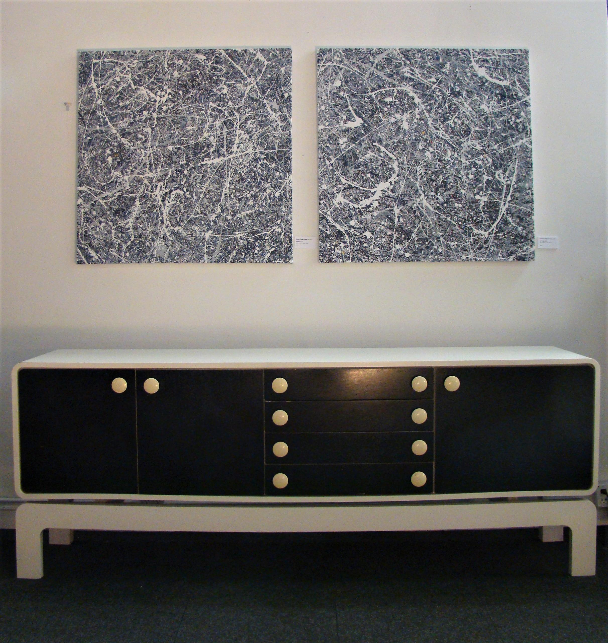 Large 1970s white enameled credenza/sideboard by Danish modernist design firm softline. Decorative and very graphic, the 