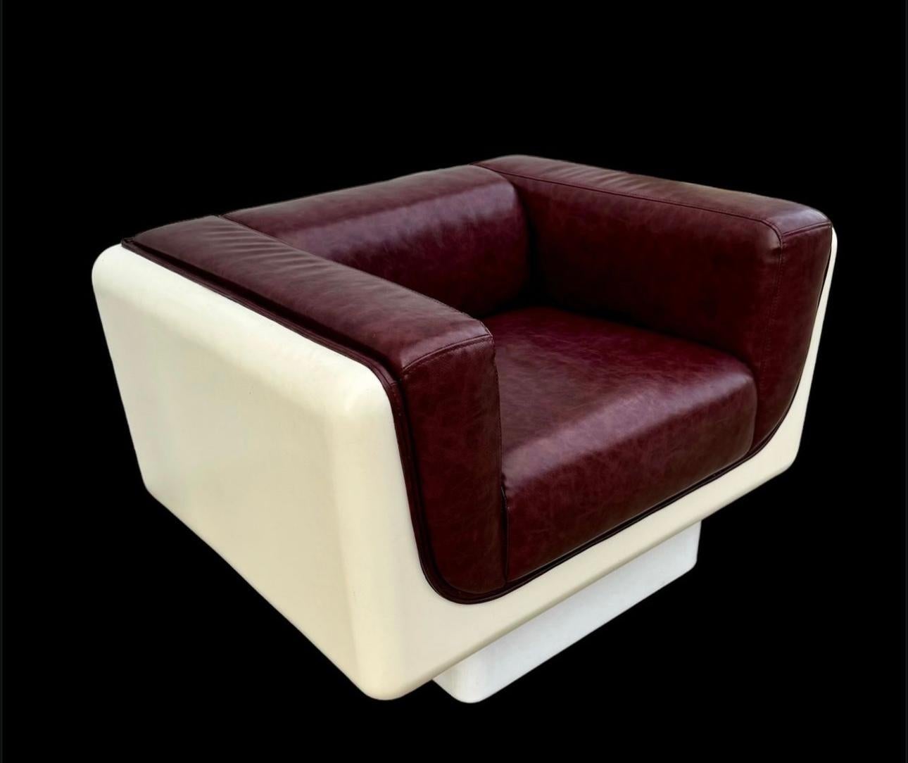 1970 White/Space Acrylic Plinth Burgundy Leather Space Age Lounge Chair 2
