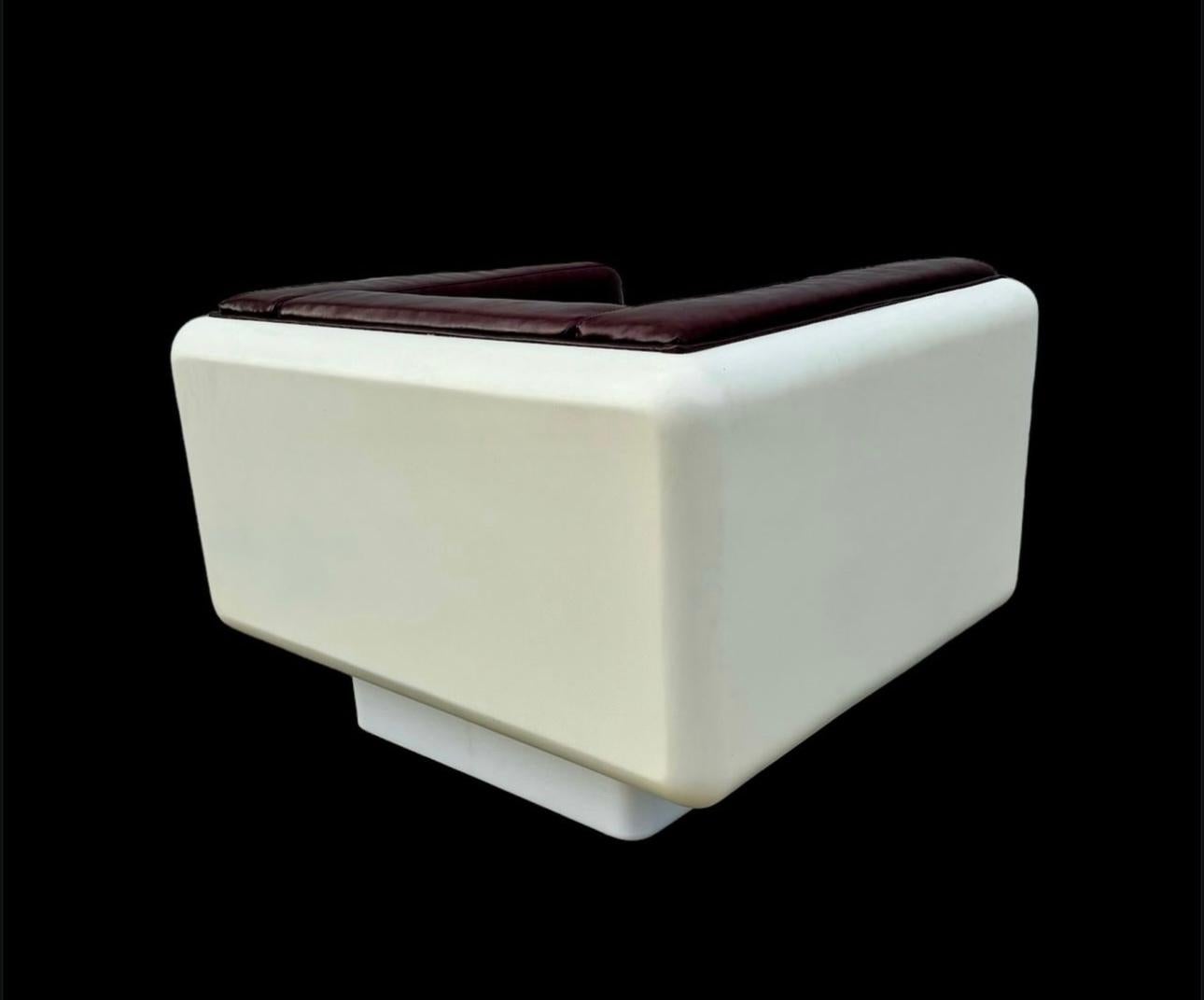 1970 White/Space Acrylic Plinth Burgundy Leather Space Age Lounge Chair 1