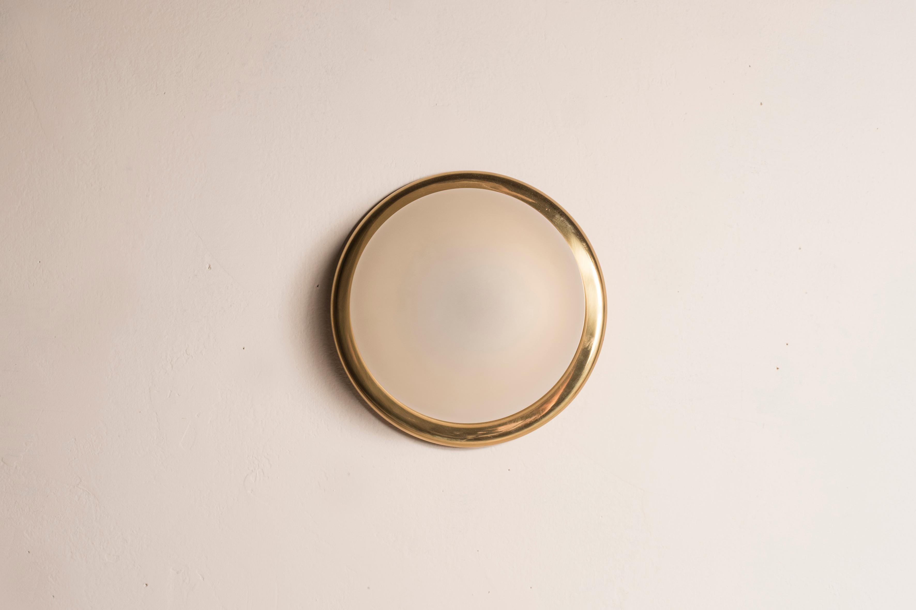 Mid-Century Modern 1970s White Frosted Glass Wall Lights with brass Base 8 Available