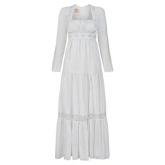 1970s White Gunne Sax Maxi Dress with Blue Floral Embroidery