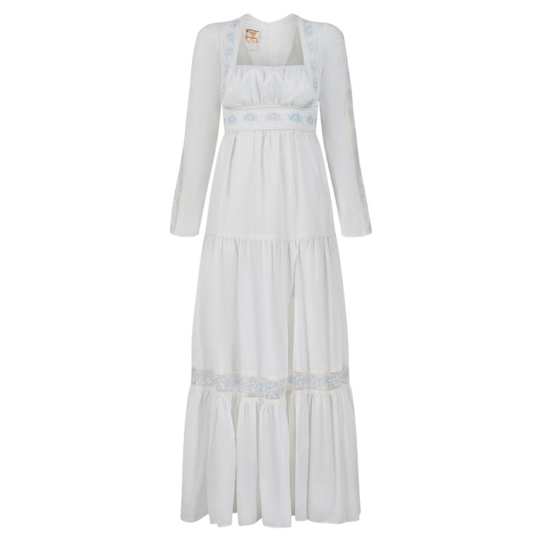 1970s White Gunne Sax Maxi Dress with Blue Floral Embroidery For Sale at  1stDibs