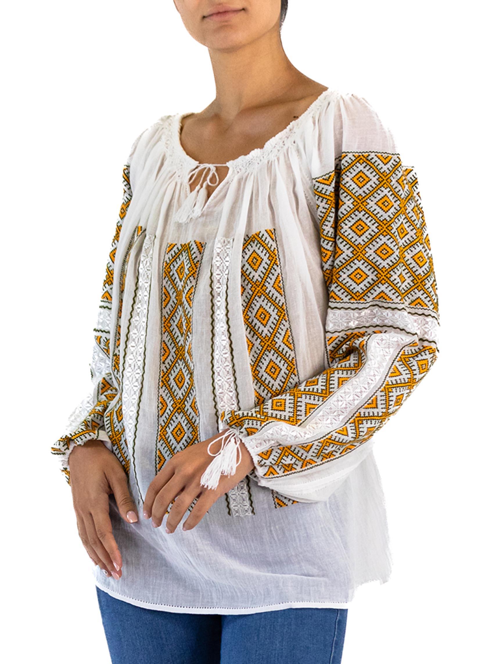 1970S White Hand Embroidered Cotton Gauze Peasant Blouse 1