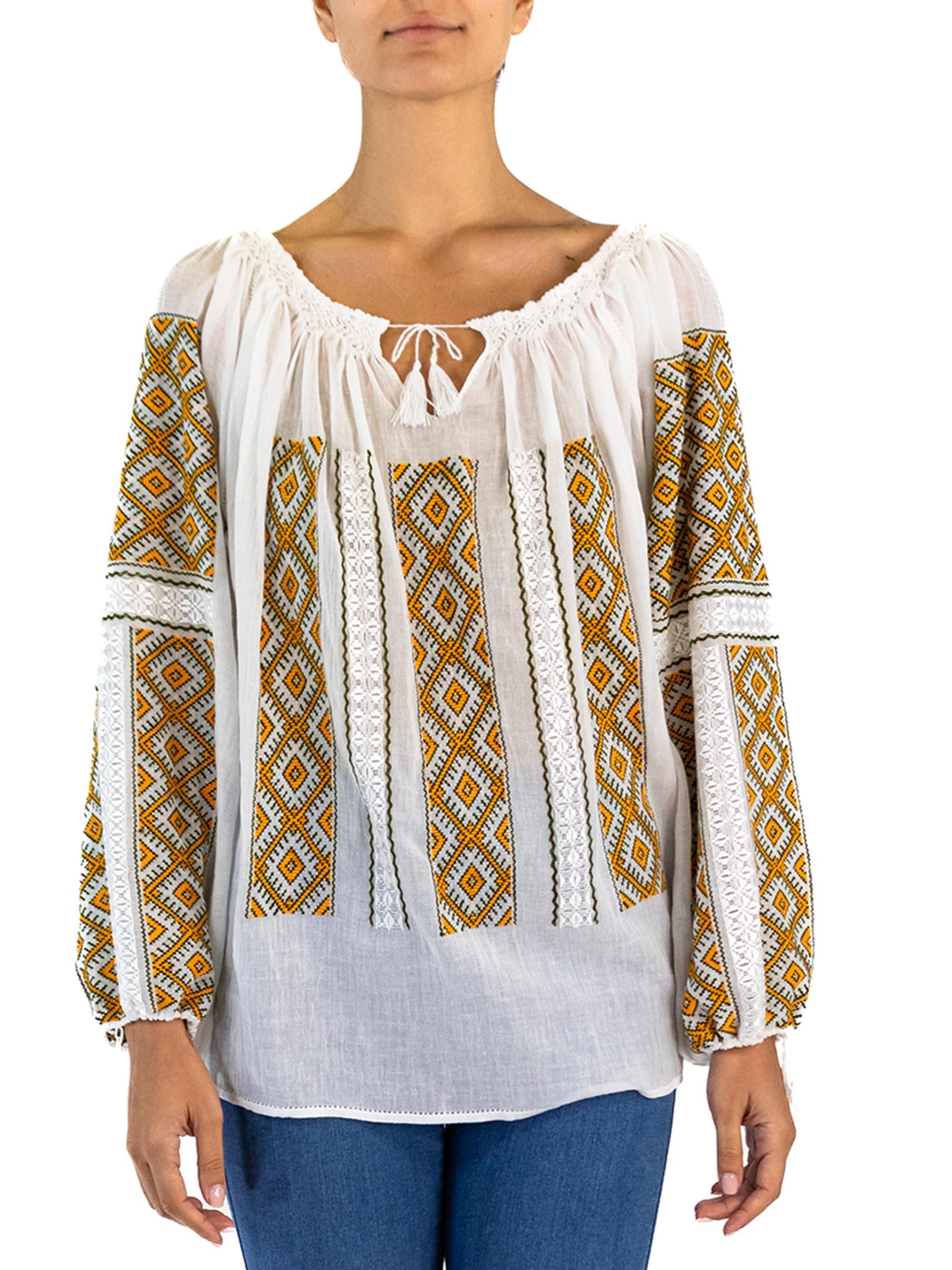 1970S White Hand Embroidered Cotton Gauze Peasant Blouse 2