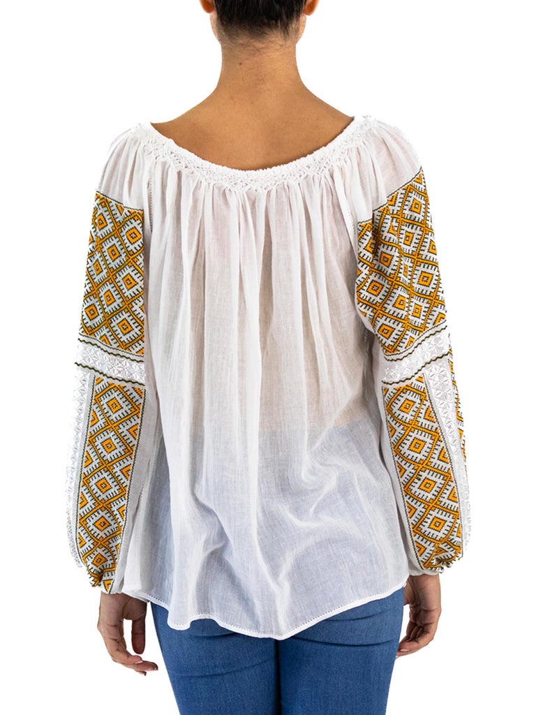 1970s Natural Gauzy Cotton Hand Embroidered Folk Peasant Blouse