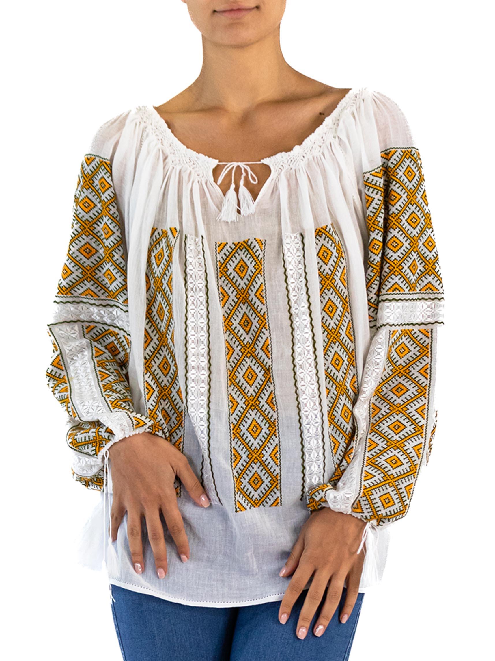 1970S White Hand Embroidered Cotton Gauze Peasant Blouse 4
