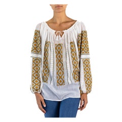 1970S White Hand Embroidered Cotton Gauze Peasant Blouse