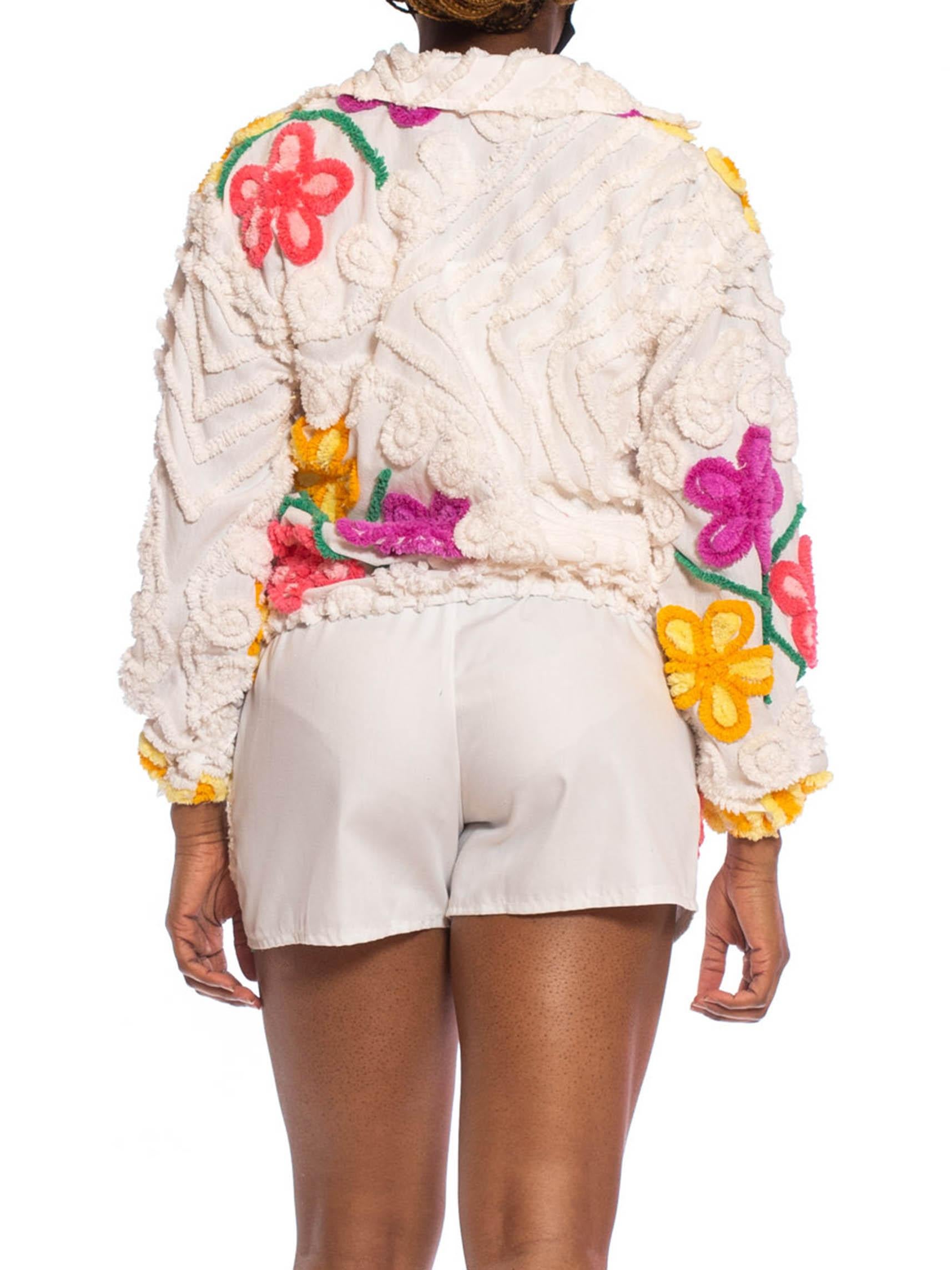 1970S White Hand Embroidered Cotton Recycled 1940S Chenille Jacket And Shorts En 1