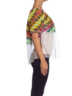 1970S White Hand Embroidered Poly Blend Net Bohemian Top