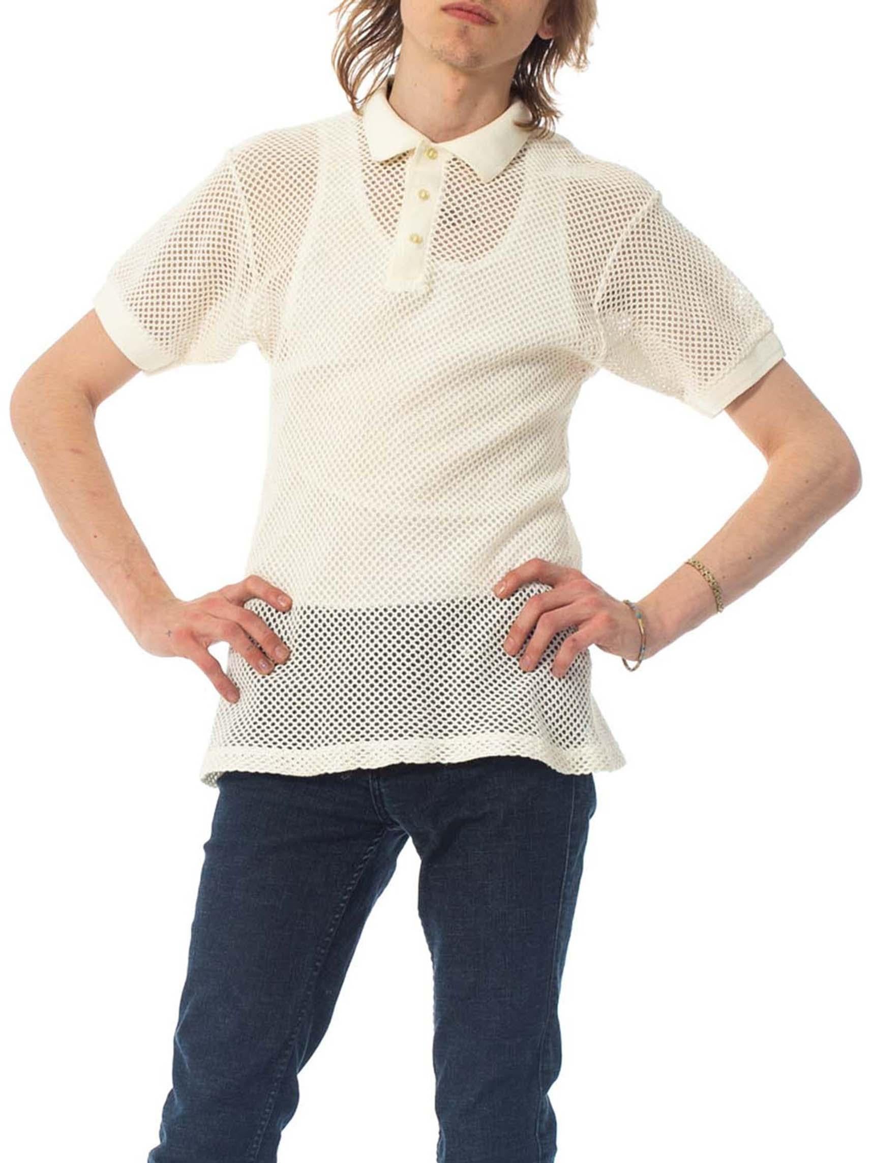 Men's 1970S White Sheer Cotton Blend Knit Mens Polo Shirt
