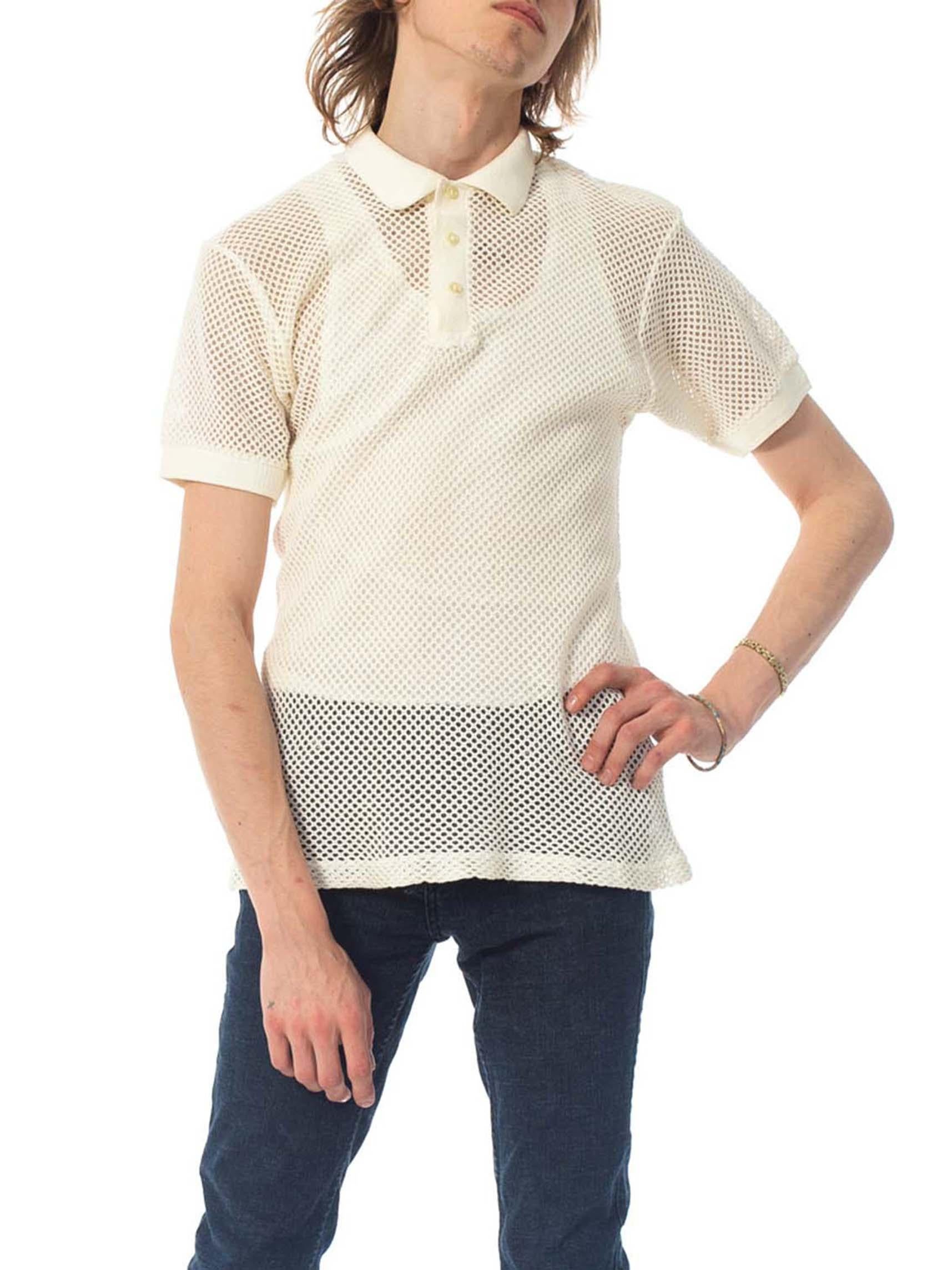 1970S White Sheer Cotton Blend Knit Mens Polo Shirt 1