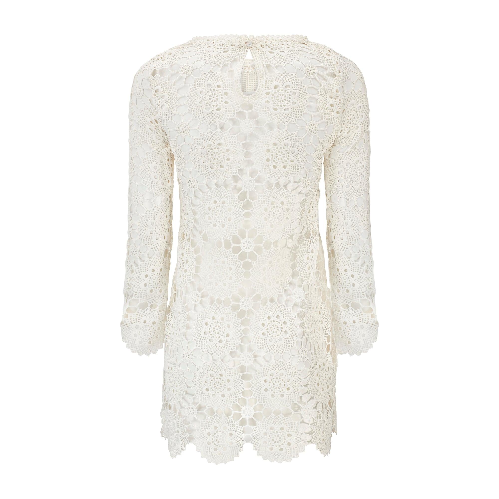 1970s White Lace Doily Crochet Dress In Excellent Condition For Sale In London, GB