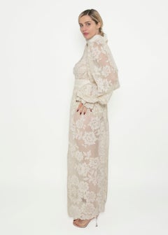 1970's White Lace Gown W Plunging Neck & Open Back