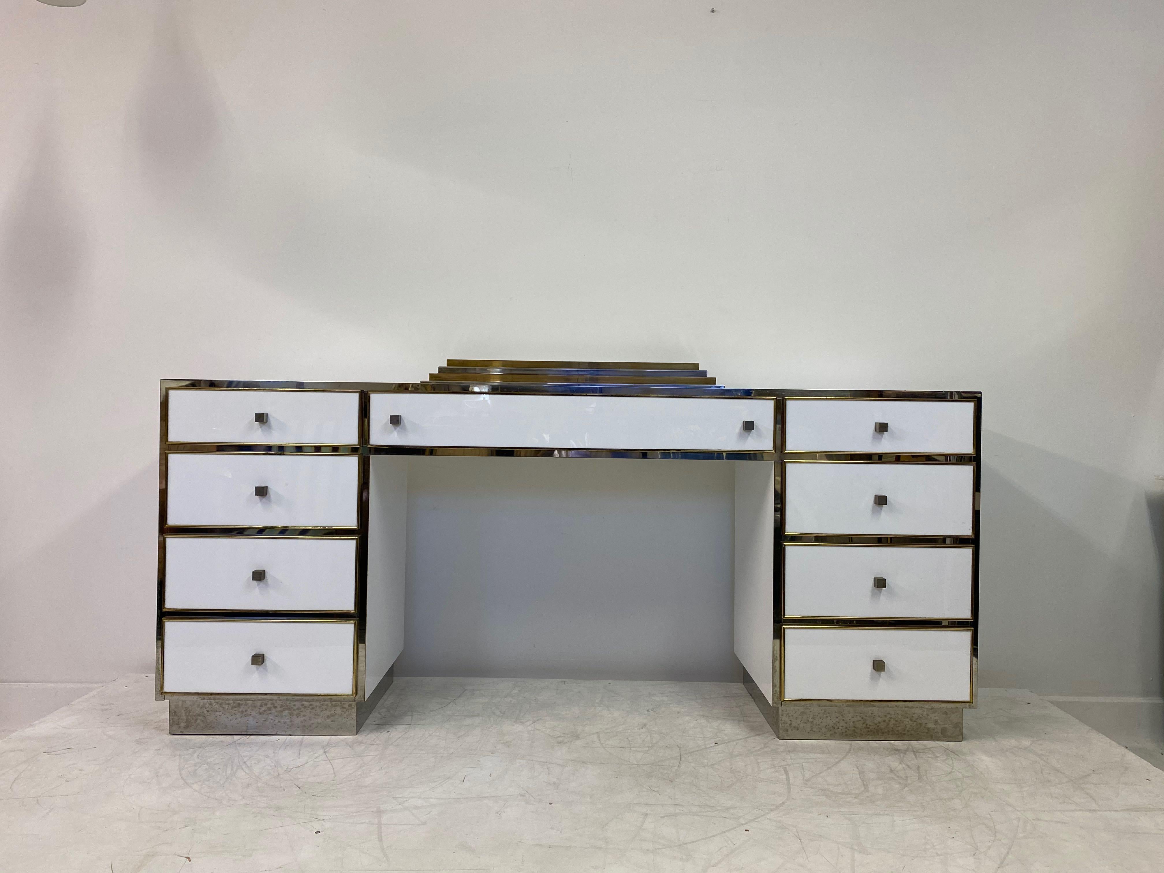 1970s White Lucite, Brass and Chrome Dressing Table by Michel Pigneres