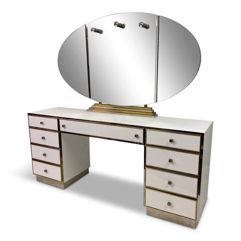 1970s White Lucite, Brass and Chrome Dressing Table by Michel Pigneres