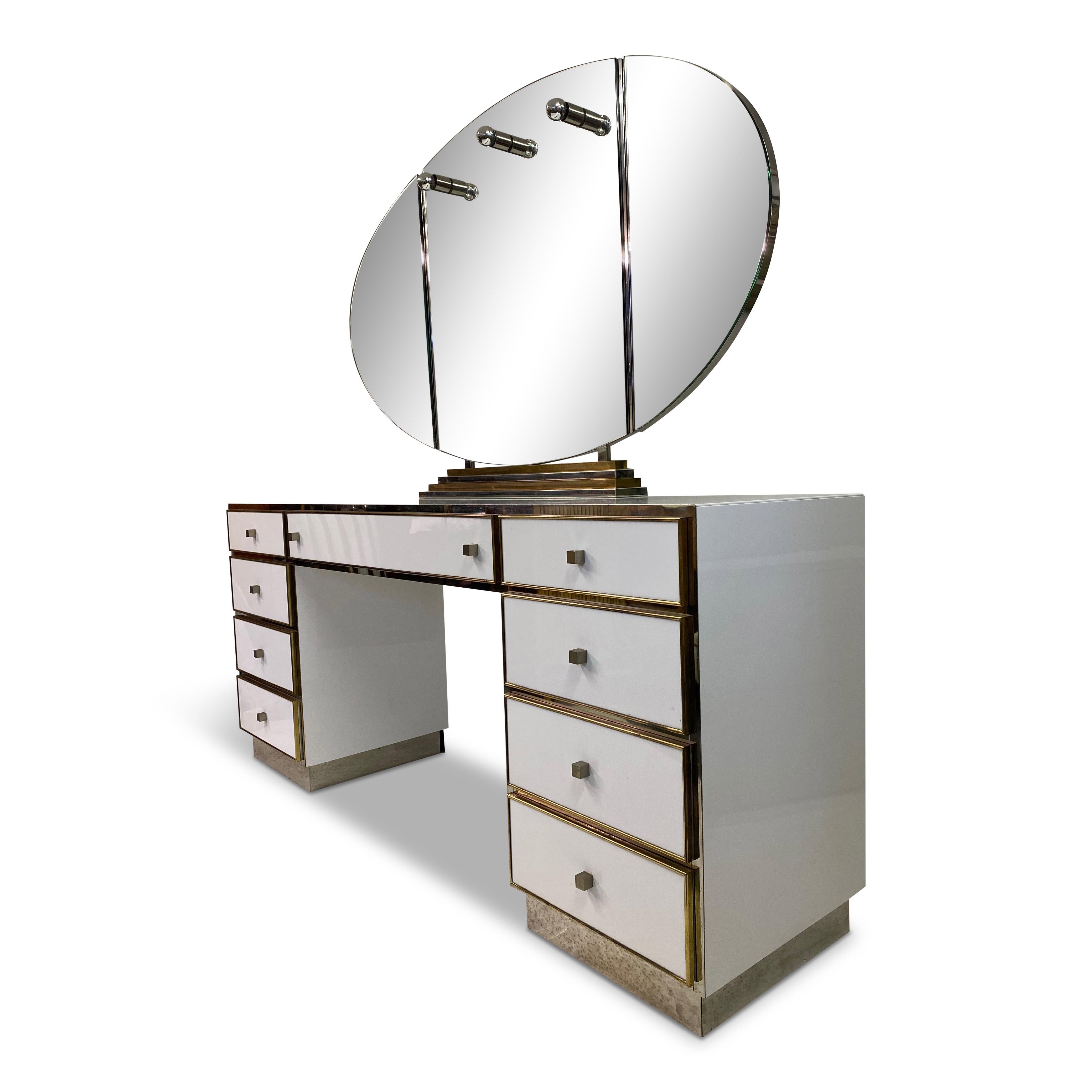 Hollywood Regency 1970s White Lucite, Brass and Chrome Dressing Table by Michel Pigneres