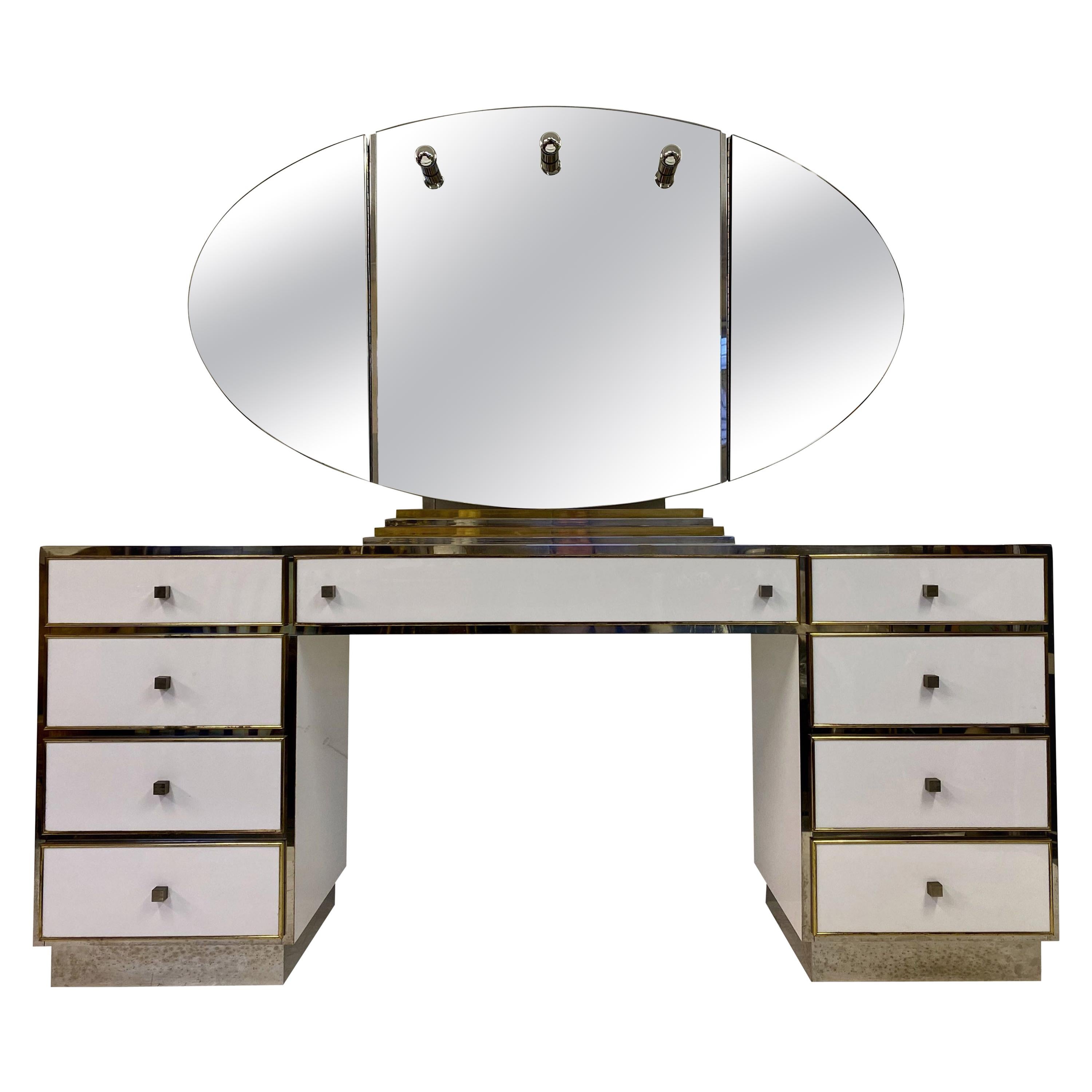 1970s White Lucite, Brass and Chrome Dressing Table by Michel Pigneres