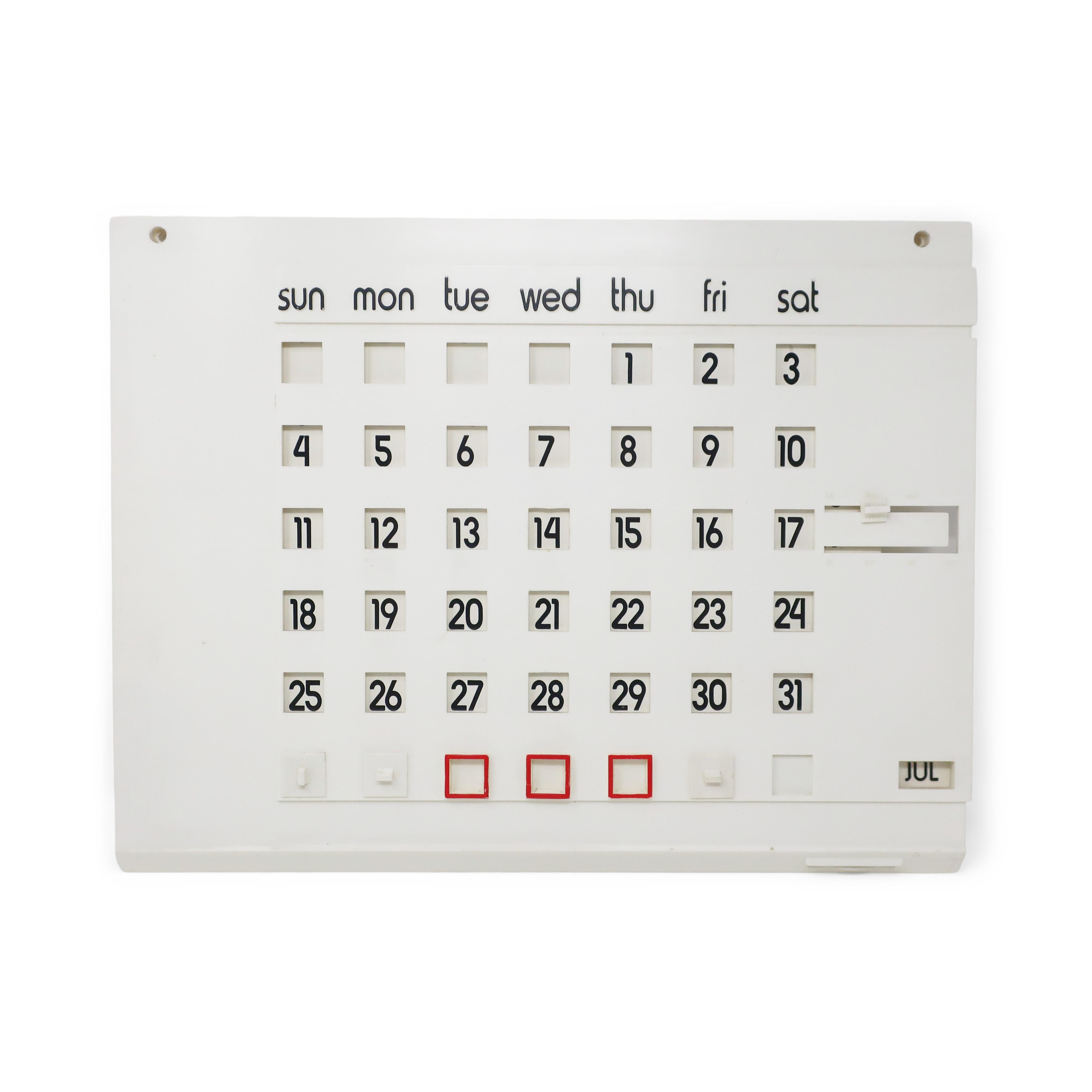 A very cool Mid-Century Modern (possibly Scandinavian) white plastic perpetual calendar. Allows for setting the month and the first day of each each month so the dates line up with the correct day of the week, as well as including red framed pieces
