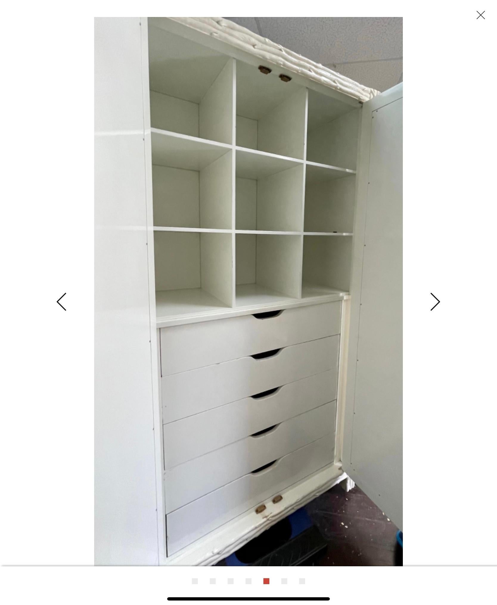 1970s White Mirrored Cabinets / Armoires with Faux Bois Doors Lucite Pulls, 2 For Sale 3