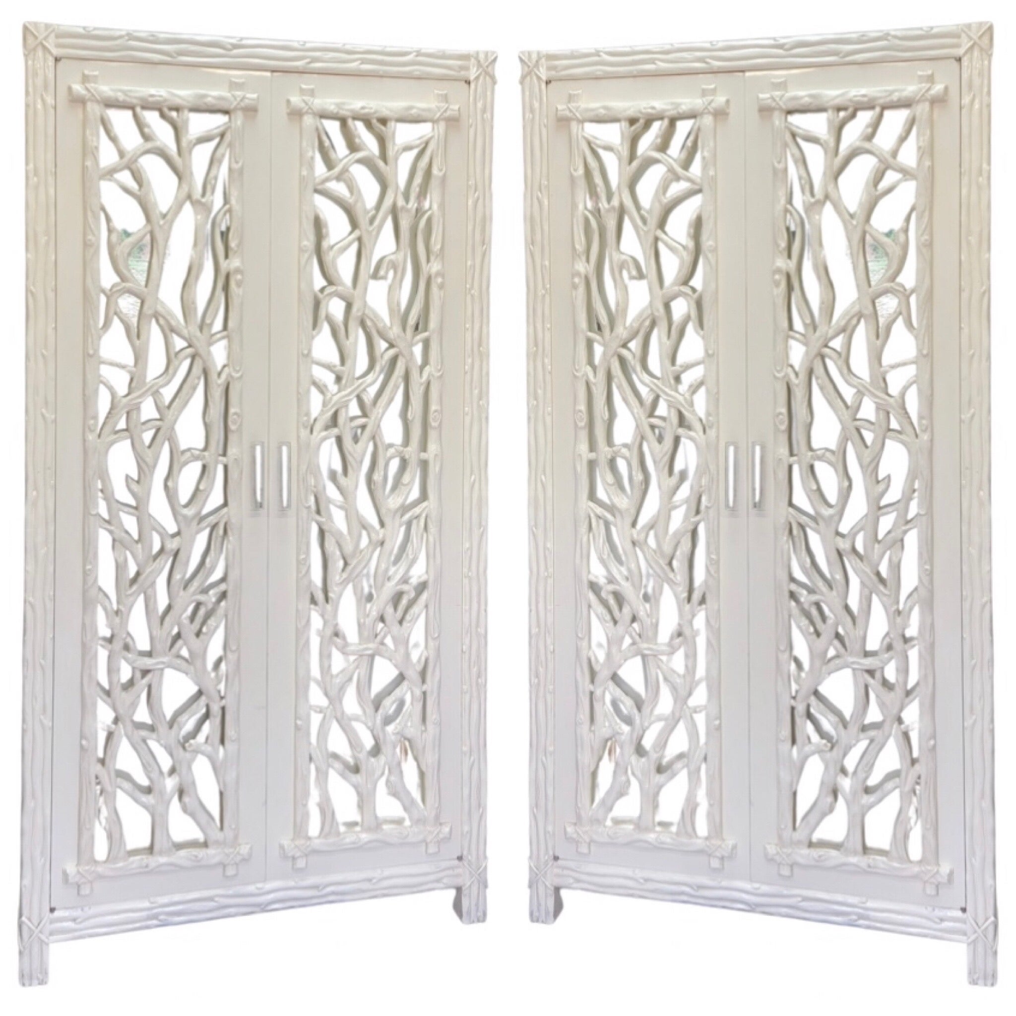 1970s White Mirrored Cabinets / Armoires with Faux Bois Doors Lucite Pulls, 2