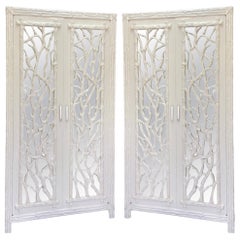 1970s White Mirrored Cabinets / Armoires with Faux Bois Doors Lucite Pulls