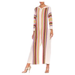 1970S  White Multi  Poly Blend Terry Cloth Zigzag Jumpsuit with A Hood