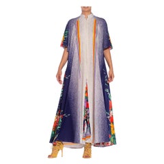 Retro 1970S White & Navy Blue Polyester Botanical Print Jumpsuit