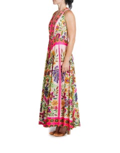 1970S White & Neon Pink Polyester Psychedelic Print Dress