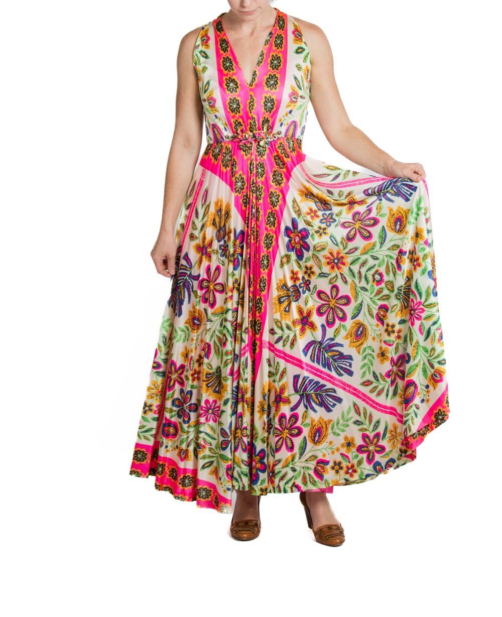 1970S White & Neon Pink Polyester Psychedelic Print Dress For Sale 2