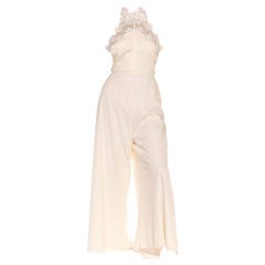 1970S White Nylon Floral Lace Halter Neck Jumpsuit
