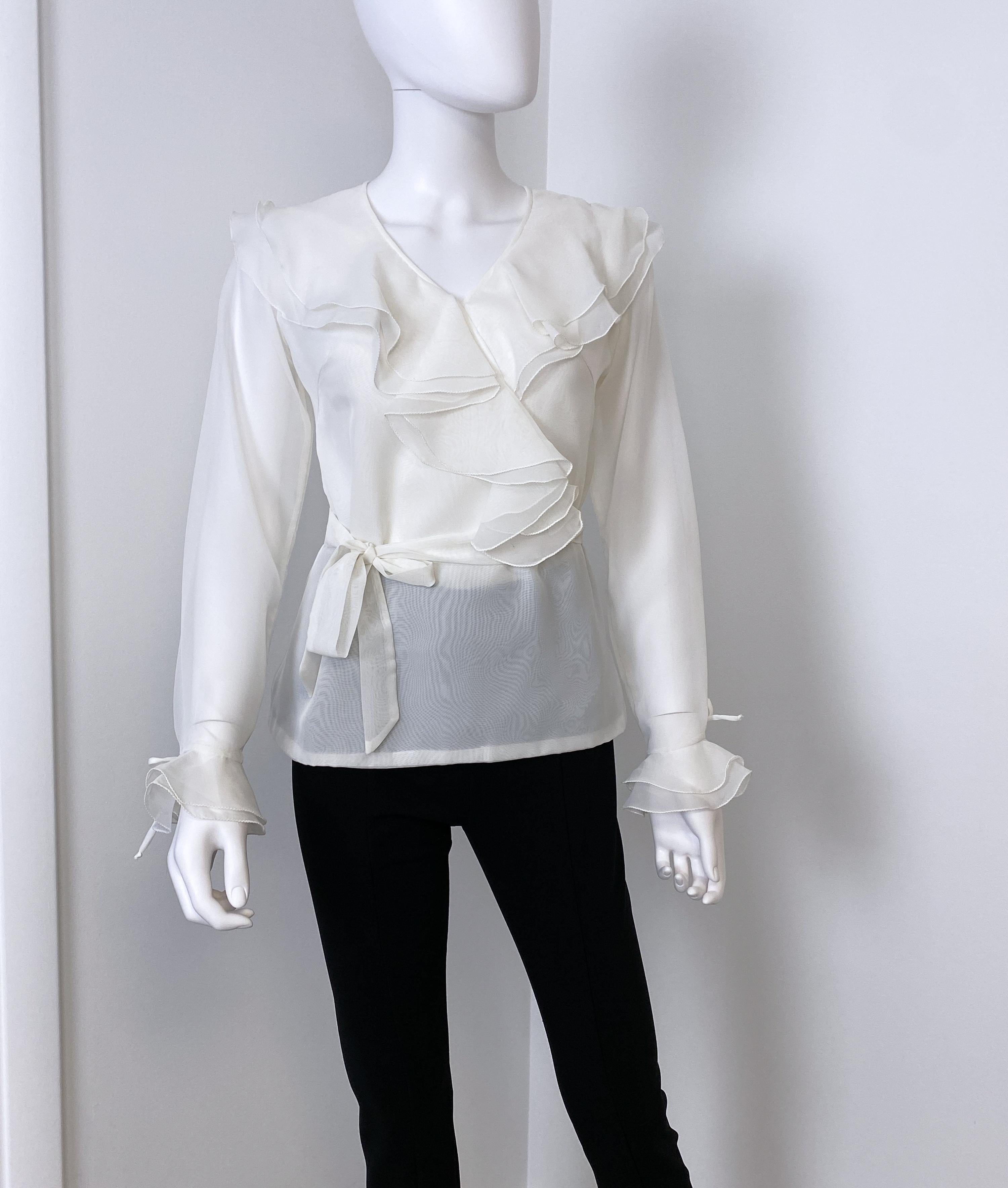 White Organdy and Sheer Blouse Top with Ruffled Collar Size 8 For Sale 6