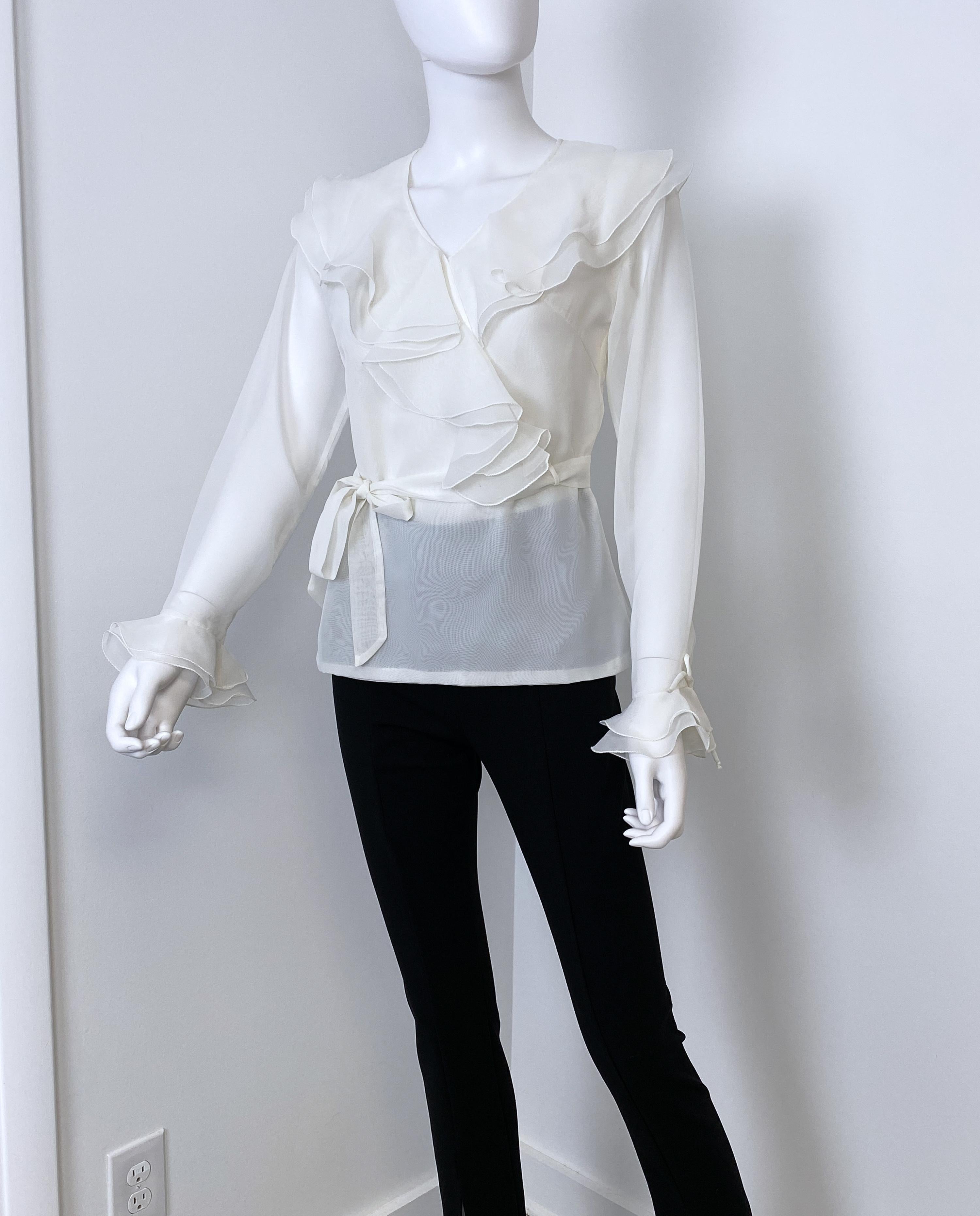 White Organdy and Sheer Blouse Top with Ruffled Collar Size 8 For Sale 7